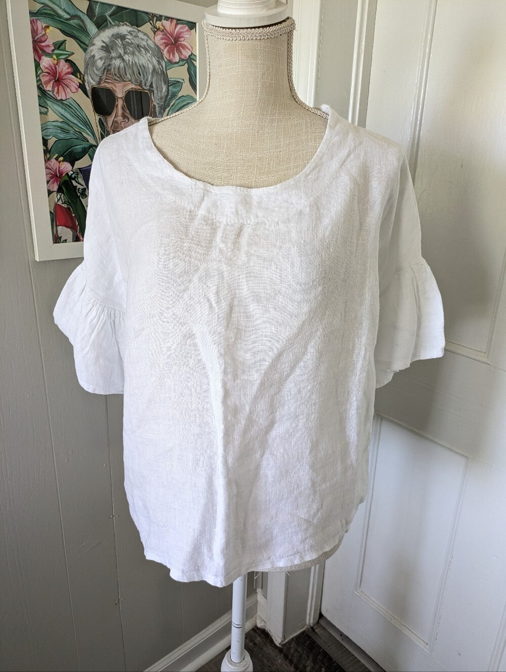 Viola Borghi White Linen Top Bell Sleeve Italy Boho Coastal Vacation Womens Sz L